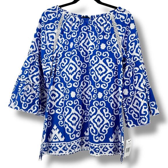 Calessa Blue Abstract Ikat Print 3/4 Tiered Sleeve Tunic Shirt Womens Size Large - Picture 1 of 6